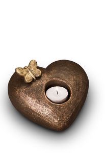 Kleinkeramikurne „Zärtlichkeit“ mit Teelichthalter | Bronze & Silbergrau Farbe