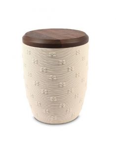Keramikurne 'Blumen' creme mit Walnussdeckel