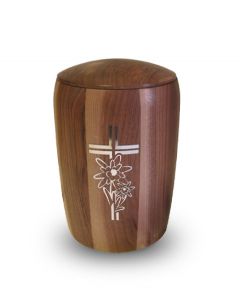 Nussholz Urne 'Blume und Kreuz'