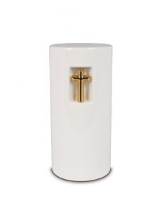 Keramikurne 'Zylinder' weiβ mit eingearbeitetem goldenem Kreuz