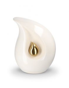 Teardrop-Urne aus Keramik weiß mit kleiner goldfarbener Träne